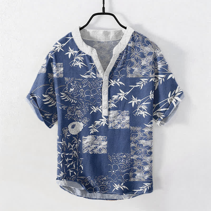 Nimara Ritual Cotton Bamboo Plum Emblem Men's Short Sleeve Half Button Shirt
