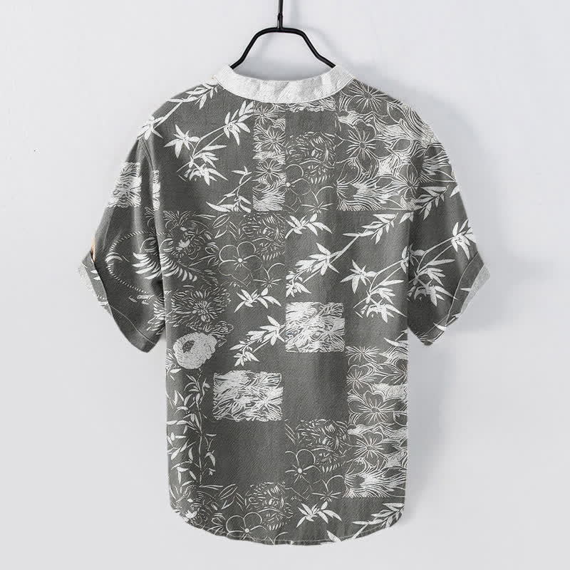 Nimara Ritual Cotton Bamboo Plum Emblem Men's Short Sleeve Half Button Shirt