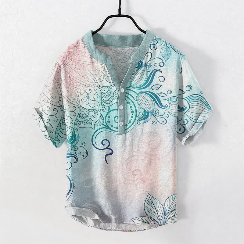 Nimara Ritual Cotton Mandala Floral Emblem Men's Short Sleeve Half Button Shirt