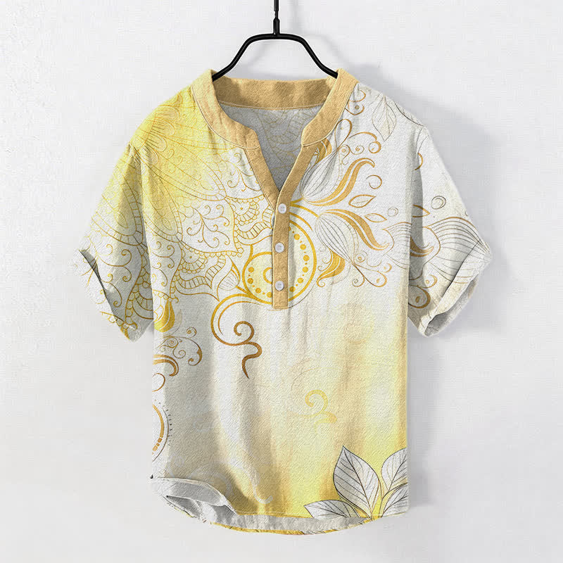 Nimara Ritual Cotton Mandala Floral Emblem Men's Short Sleeve Half Button Shirt