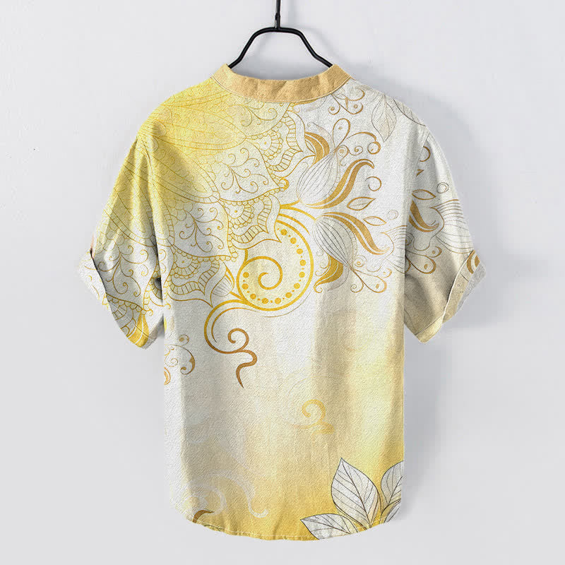 Nimara Ritual Cotton Mandala Floral Emblem Men's Short Sleeve Half Button Shirt