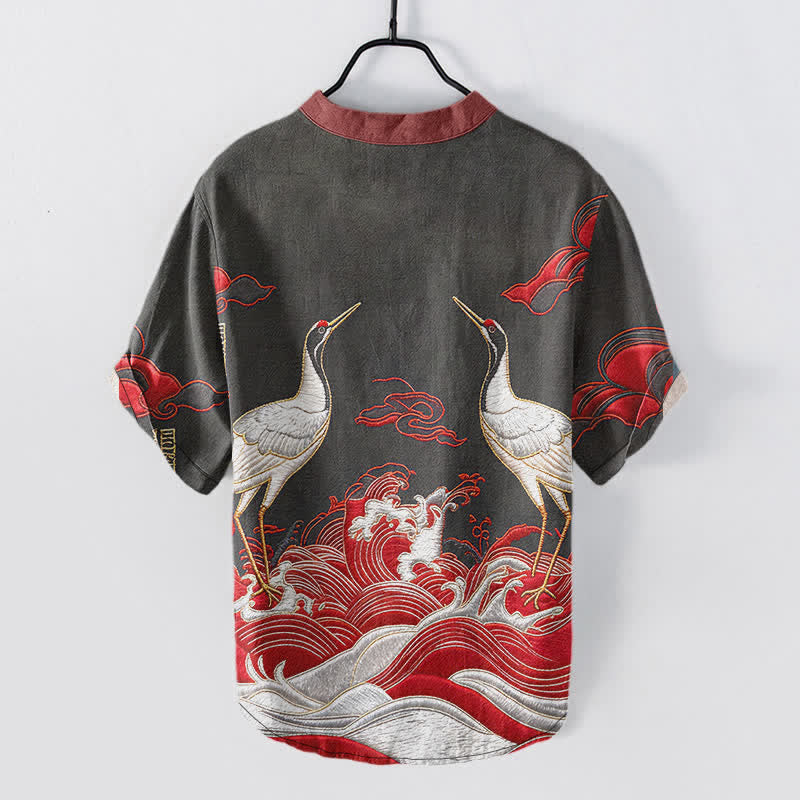 Nimara Ritual Cotton Crane Wave Emblem Men's Short Sleeve Half Button Shirt