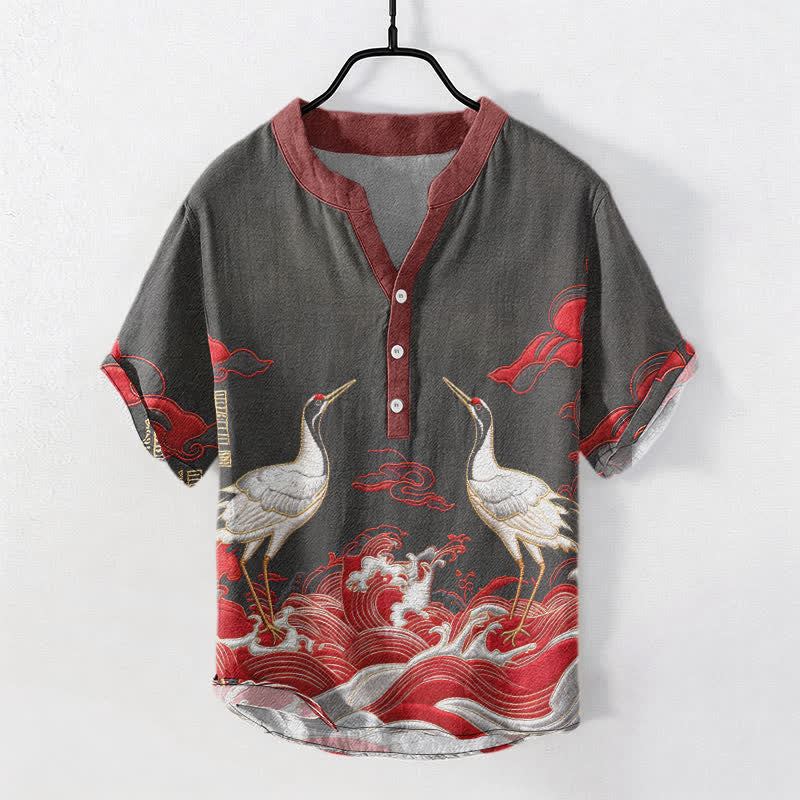 Nimara Ritual Cotton Crane Wave Emblem Men's Short Sleeve Half Button Shirt