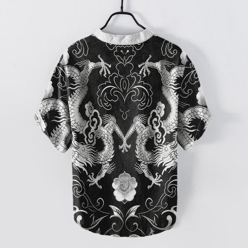 Nimara Ritual Cotton Dragon Cloud Emblem Men's Short Sleeve Half Button Shirt