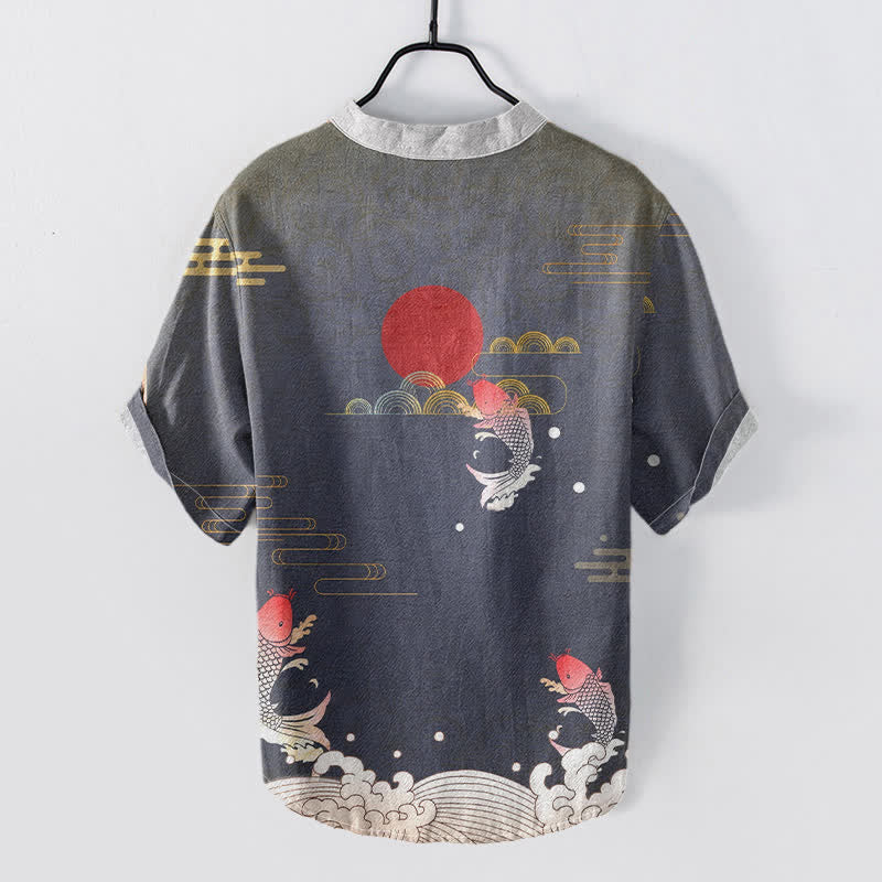Nimara Ritual Cotton Koi Fish Red Sun Cloud Emblem Men's Short Sleeve Half Button Shirt