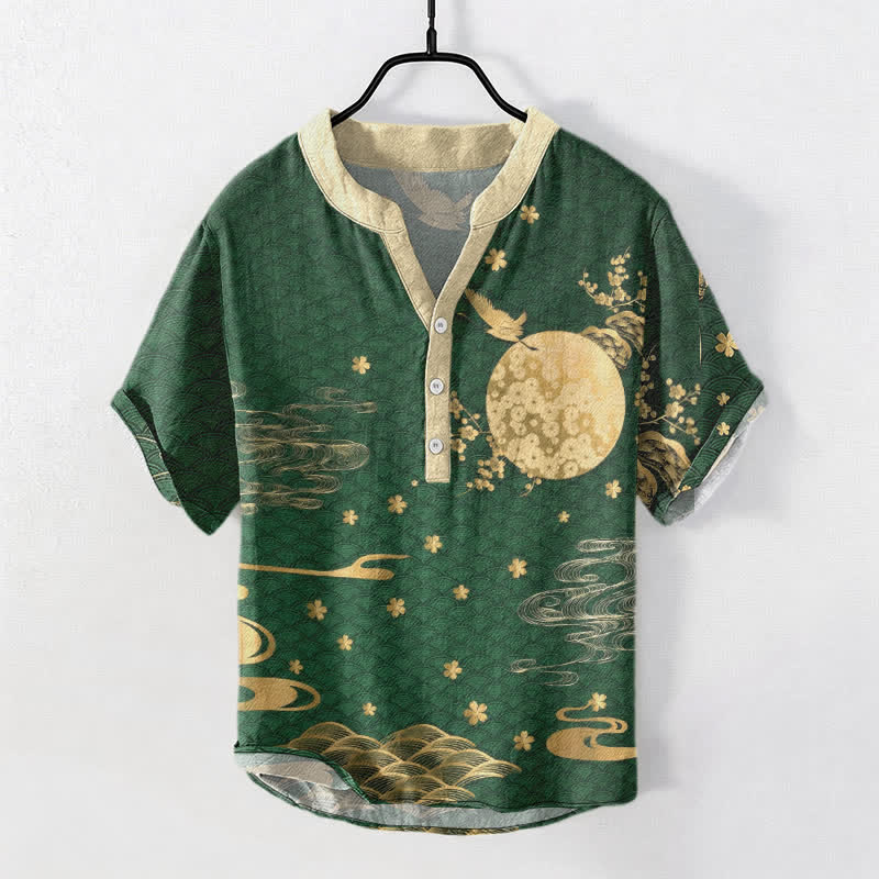 Nimara Ritual Cotton Plum Blossom Full Moon Crane Emblem Men's Short Sleeve Half Button Shirt