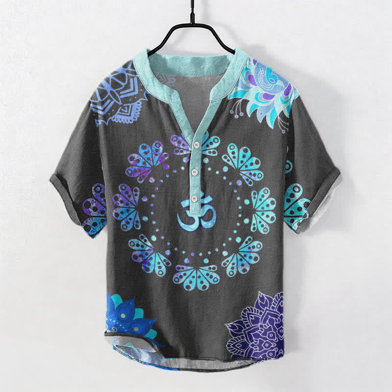 Nimara Ritual Cotton Om Lotus Mandala Peacock Emblem Men's Short Sleeve Half Button Shirt