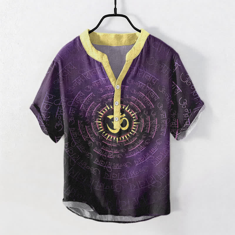 Nimara Ritual Cotton Om Mantra Emblem Men's Short Sleeve Half Button Shirt