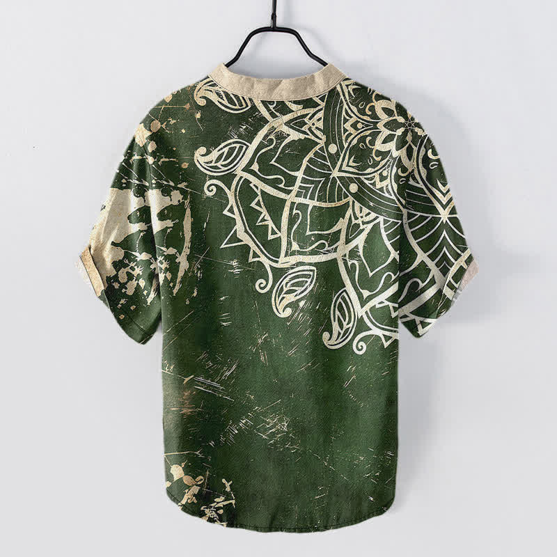 Nimara Ritual Cotton Lotus Mandala Emblem Men's Short Sleeve Half Button Shirt