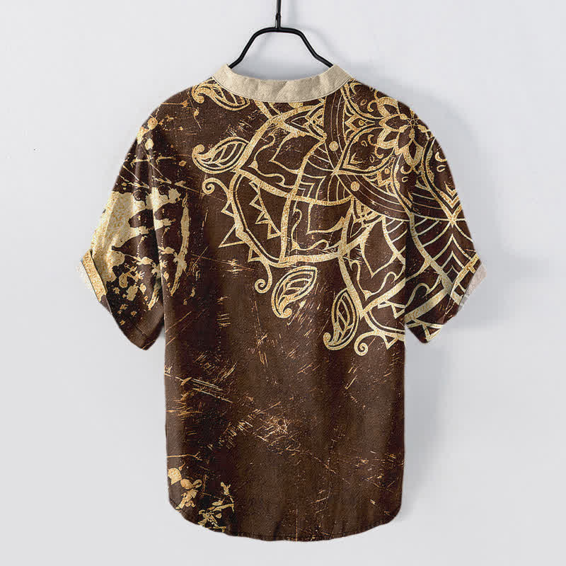 Nimara Ritual Cotton Lotus Mandala Emblem Men's Short Sleeve Half Button Shirt