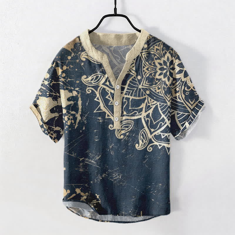 Nimara Ritual Cotton Lotus Mandala Emblem Men's Short Sleeve Half Button Shirt