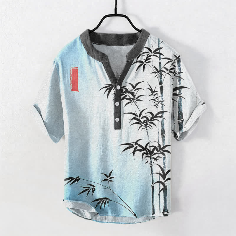 Nimara Ritual Cotton Bamboo Emblem Men's Short Sleeve Half Button Shirt