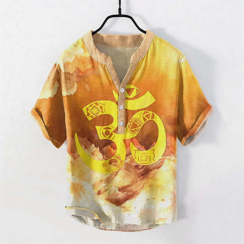 Nimara Ritual Cotton Om Chakra Emblem Men's Short Sleeve Half Button Shirt