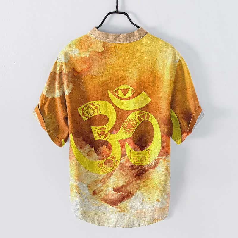 Nimara Ritual Cotton Om Chakra Emblem Men's Short Sleeve Half Button Shirt