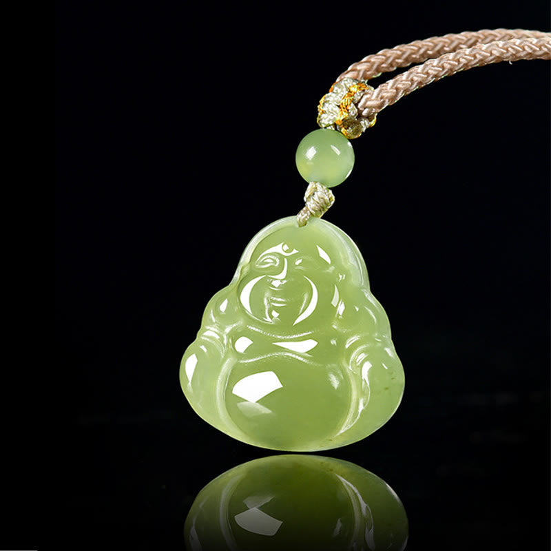 Nimara Ritual Green Jade Laughing Buddha Prosperity Rope Necklace Pendant