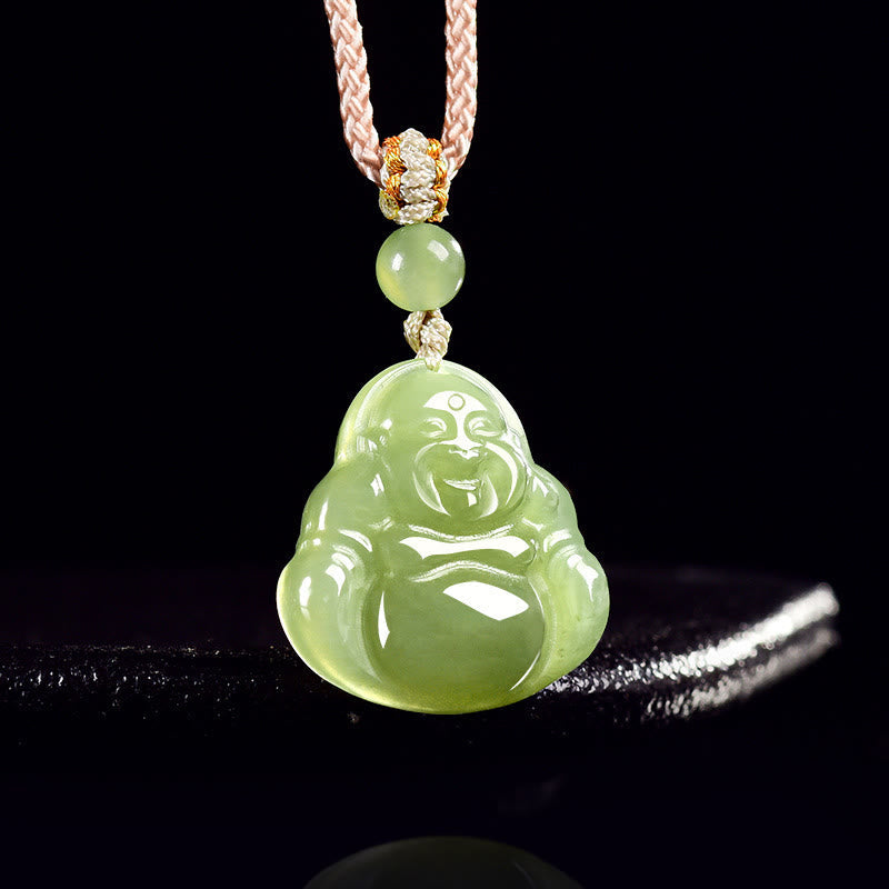 Nimara Ritual Green Jade Laughing Buddha Prosperity Rope Necklace Pendant