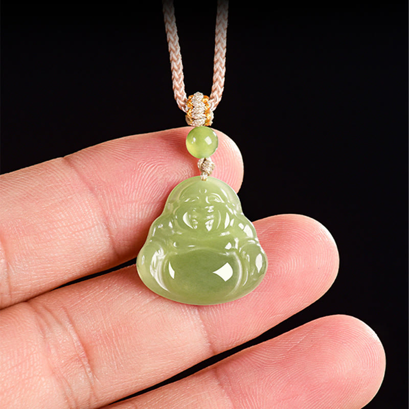 Nimara Ritual Green Jade Laughing Buddha Prosperity Rope Necklace Pendant