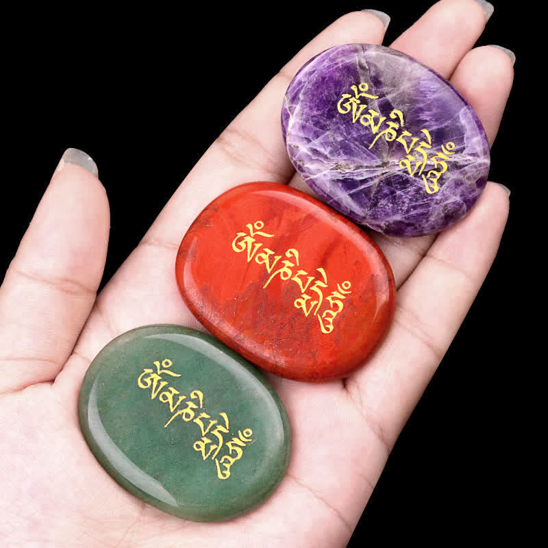 Nimara Ritual Om Mani Padme Hum Amethyst Tiger Eye Palm Stone Crystal Decor 35*45mm