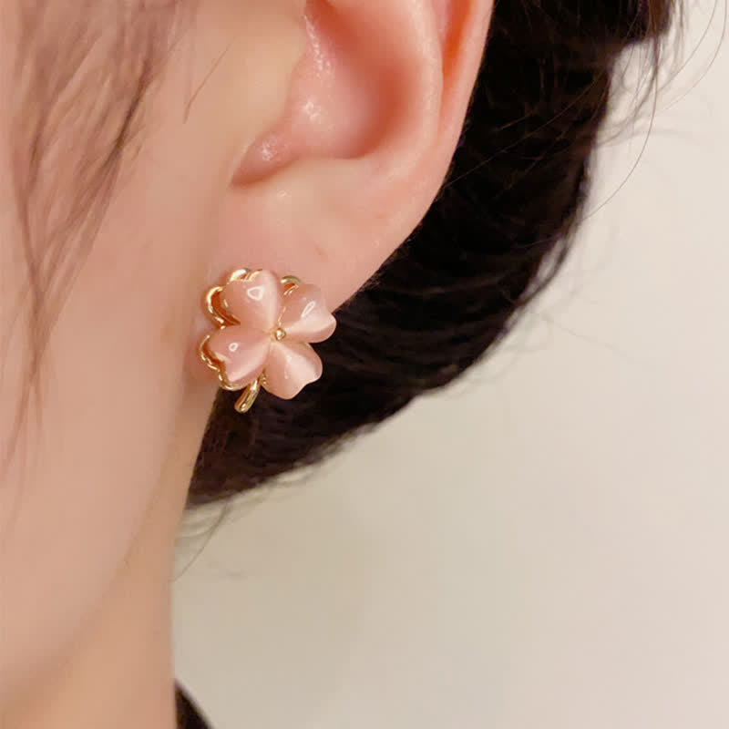 Nimara Ritual Rotatable Design Four-Leaf Flower Pink Cat's Eye Support Stud Earrings