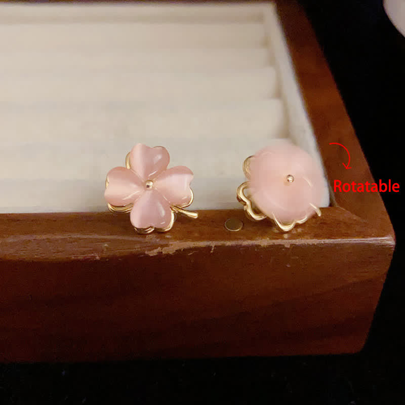 Nimara Ritual Rotatable Design Four-Leaf Flower Pink Cat's Eye Support Stud Earrings