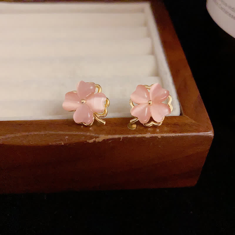 Nimara Ritual Rotatable Design Four-Leaf Flower Pink Cat's Eye Support Stud Earrings