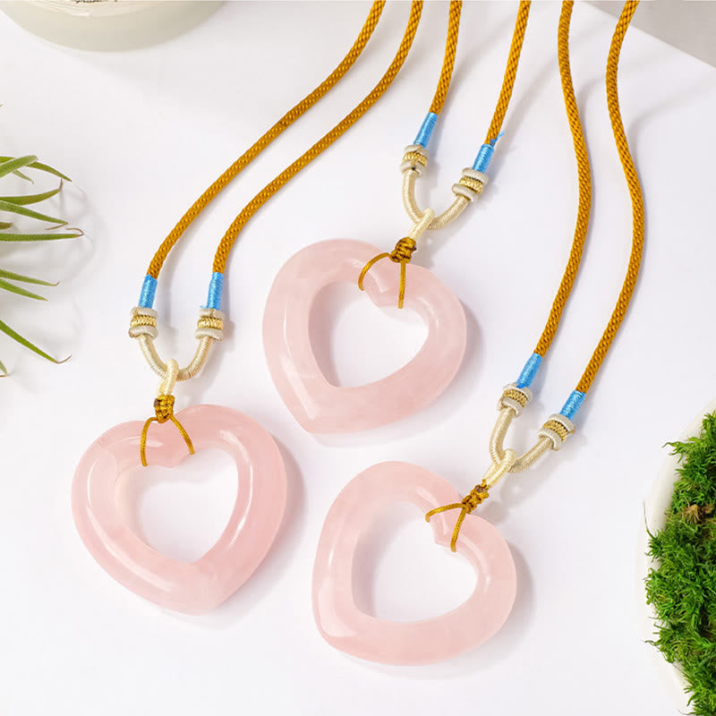 Nimara Ritual Natural Rose Quartz Hollow Love Heart Caring Necklace Pendant