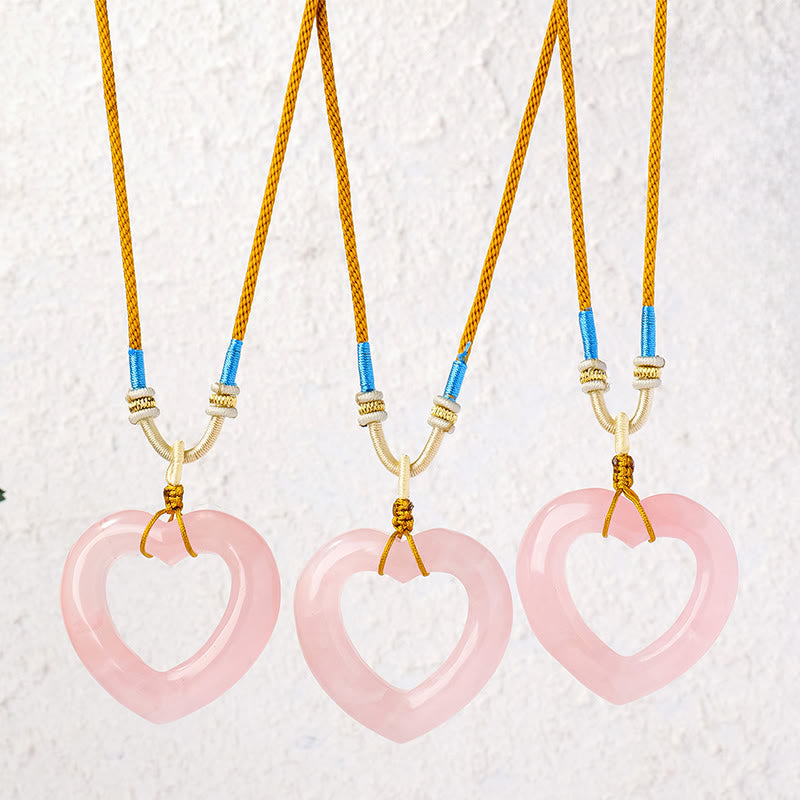 Nimara Ritual Natural Rose Quartz Hollow Love Heart Caring Necklace Pendant