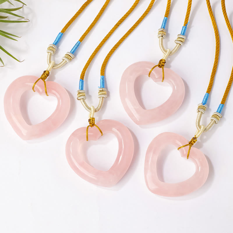 Nimara Ritual Natural Rose Quartz Hollow Love Heart Caring Necklace Pendant