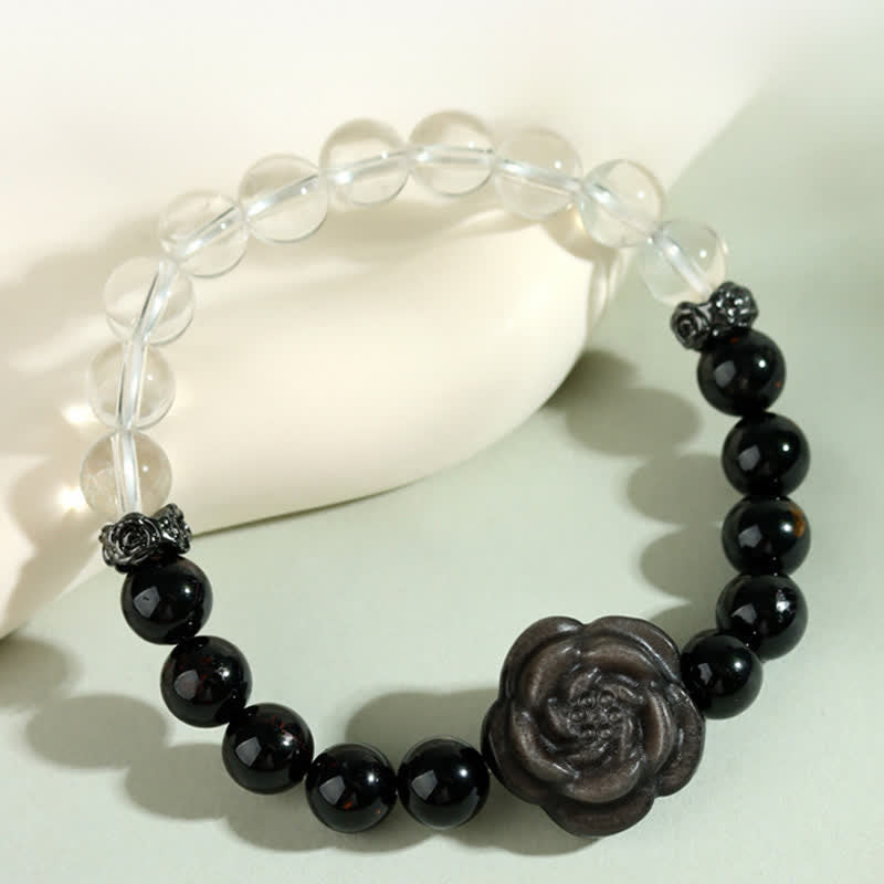 Nimara Ritual Black Tourmaline Clear Quartz Carved Rose Flower Design Focus Bracelet