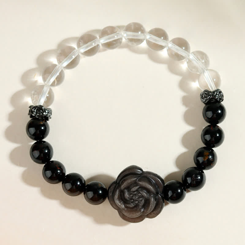 Nimara Ritual Black Tourmaline Clear Quartz Carved Rose Flower Design Focus Bracelet