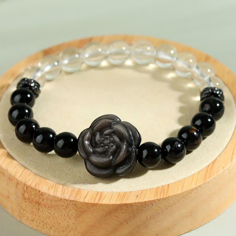 Nimara Ritual Black Tourmaline Clear Quartz Carved Rose Flower Design Focus Bracelet