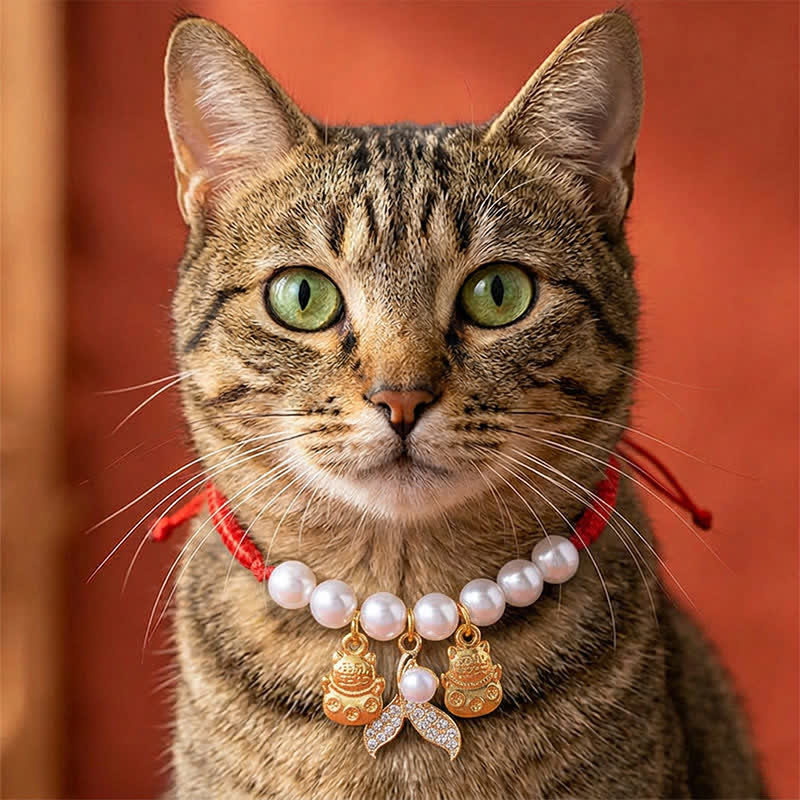 Nimara Ritual Red String Plaited Pearl Fish Tail Protection Adjustable Cats Pet Collar