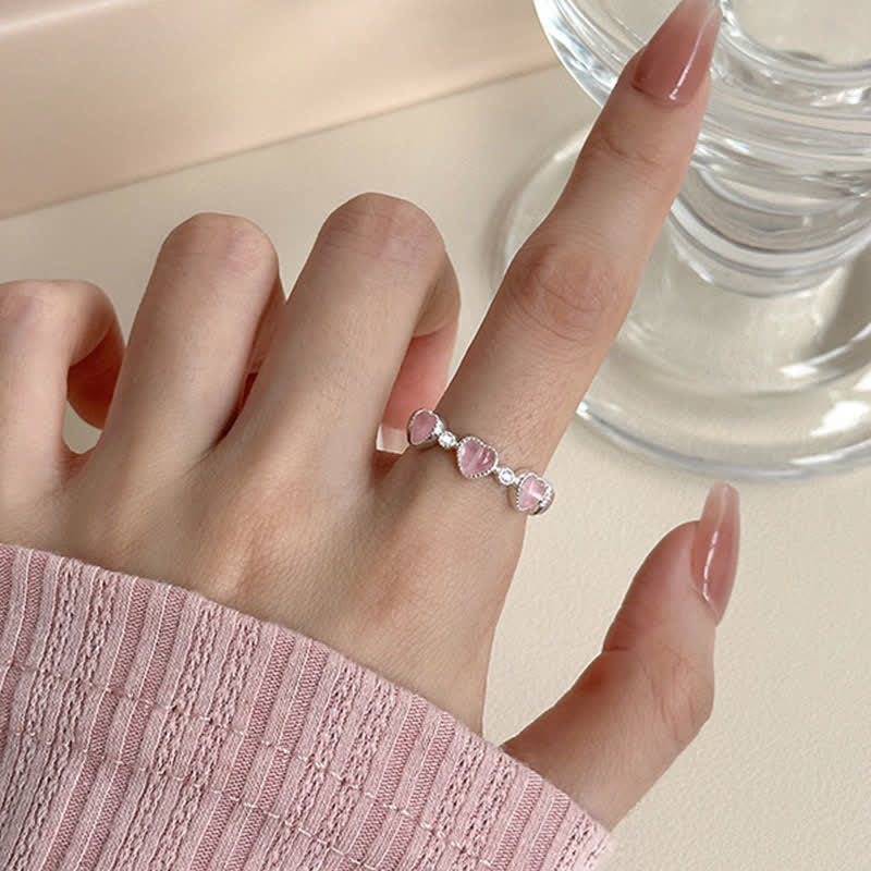 Nimara Ritual 925 Sterling Silver Pink Cat's Eye Heart Design Adjustable Love Ring