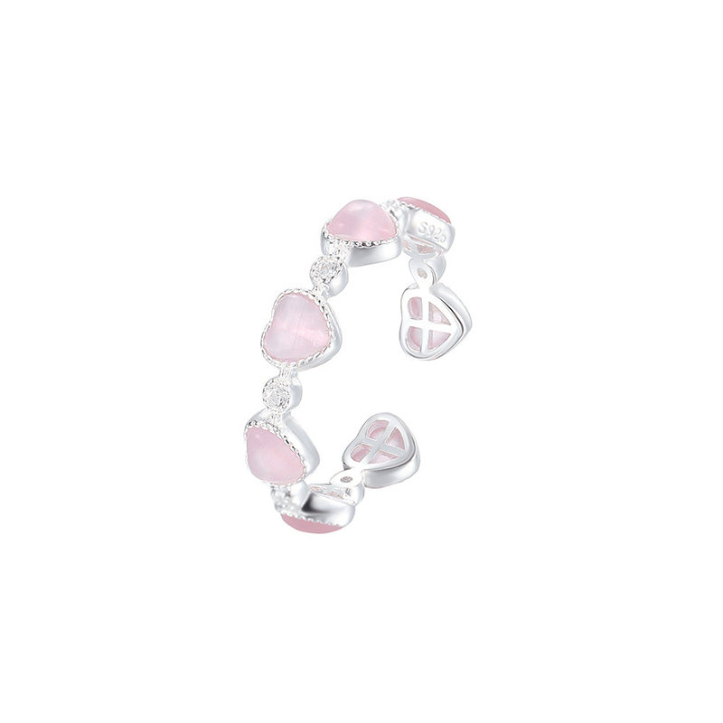Nimara Ritual 925 Sterling Silver Pink Cat's Eye Heart Design Adjustable Love Ring