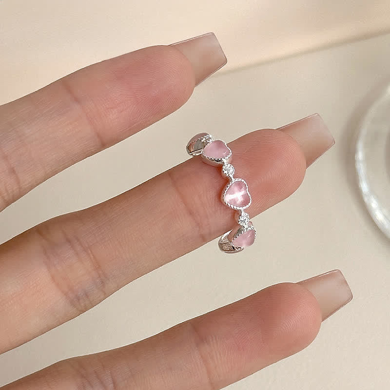 Nimara Ritual 925 Sterling Silver Pink Cat's Eye Heart Design Adjustable Love Ring