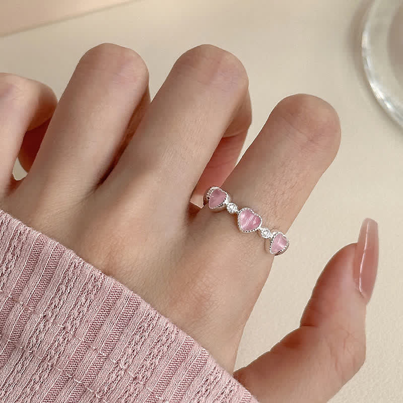 Nimara Ritual 925 Sterling Silver Pink Cat's Eye Heart Design Adjustable Love Ring