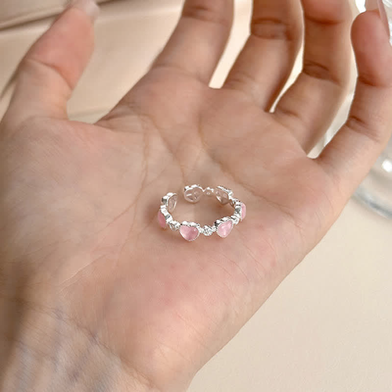 Nimara Ritual 925 Sterling Silver Pink Cat's Eye Heart Design Adjustable Love Ring