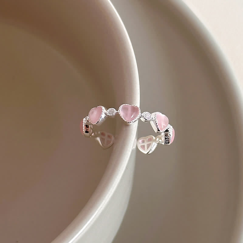 Nimara Ritual 925 Sterling Silver Pink Cat's Eye Heart Design Adjustable Love Ring