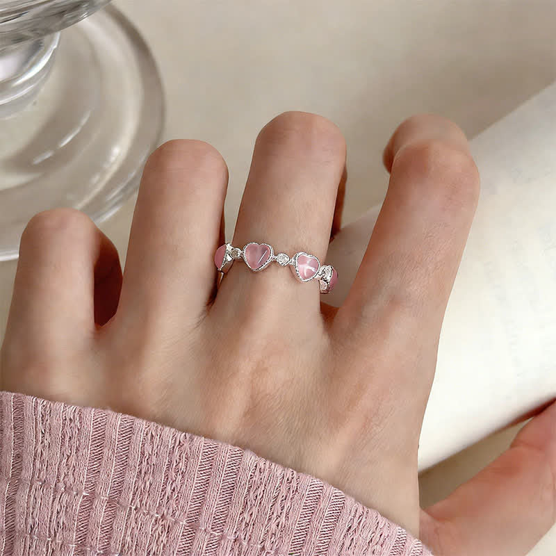 Nimara Ritual 925 Sterling Silver Pink Cat's Eye Heart Design Adjustable Love Ring