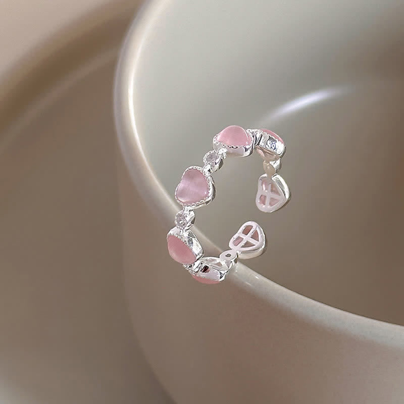 Nimara Ritual 925 Sterling Silver Pink Cat's Eye Heart Design Adjustable Love Ring