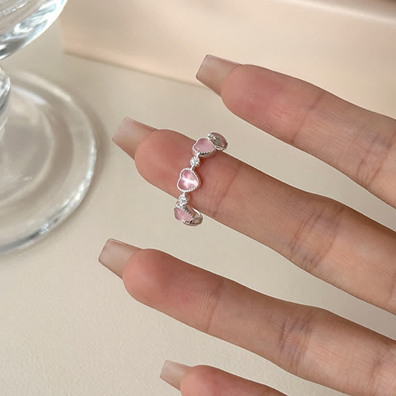 Nimara Ritual 925 Sterling Silver Pink Cat's Eye Heart Design Adjustable Love Ring