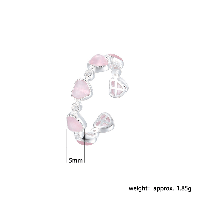 Nimara Ritual 925 Sterling Silver Pink Cat's Eye Heart Design Adjustable Love Ring