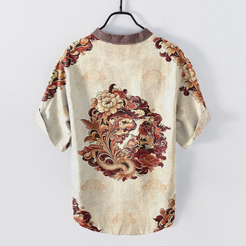 Nimara Ritual Cotton Oriental Peony Phoenix Pattern Men's Short Sleeve Half Button Shirt