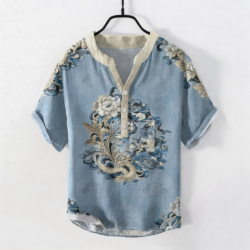 Nimara Ritual Cotton Oriental Peony Phoenix Pattern Men's Short Sleeve Half Button Shirt