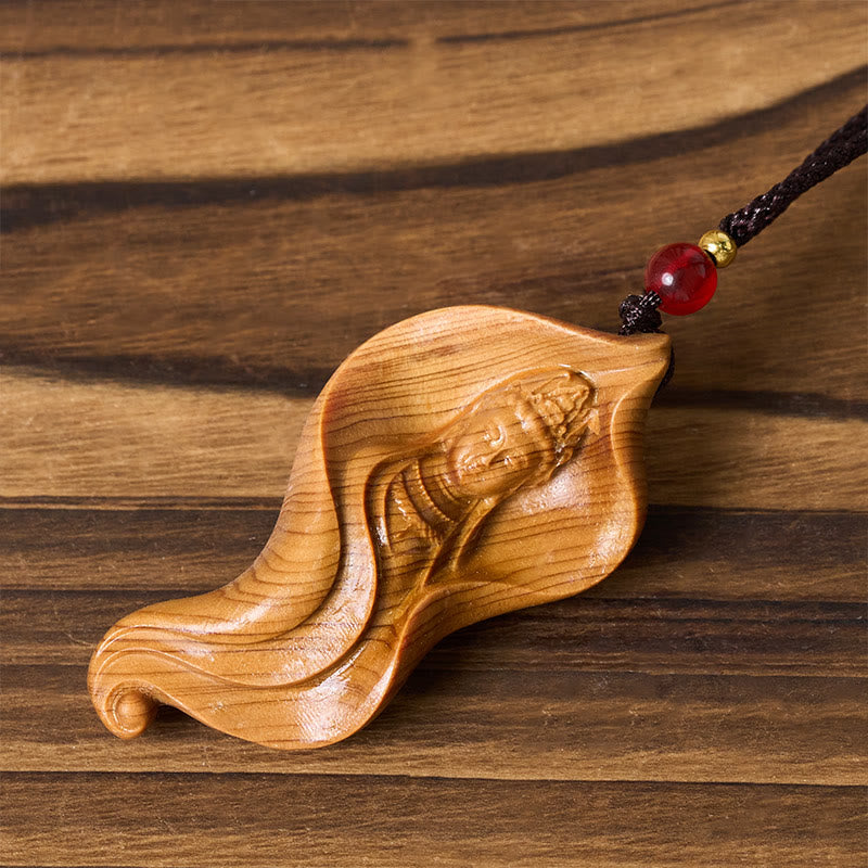 Nimara Ritual Guanyin Kwan Yin AvalokiteAvara Lotus Leaf Platycladus Orientalis Wood Wealth Necklace Pendant