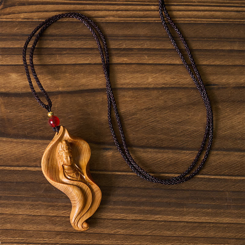 Nimara Ritual Guanyin Kwan Yin AvalokiteAvara Lotus Leaf Platycladus Orientalis Wood Wealth Necklace Pendant