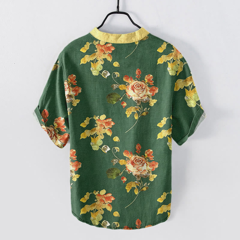 Nimara Ritual Pure Cotton Vintage Rose Garden Pattern Men's Short Sleeve Half Button Shirt