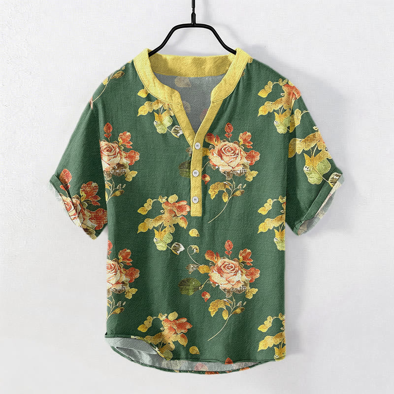 Nimara Ritual Pure Cotton Vintage Rose Garden Pattern Men's Short Sleeve Half Button Shirt