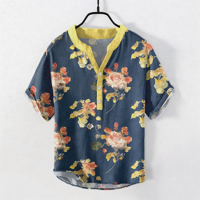Nimara Ritual Pure Cotton Vintage Rose Garden Pattern Men's Short Sleeve Half Button Shirt