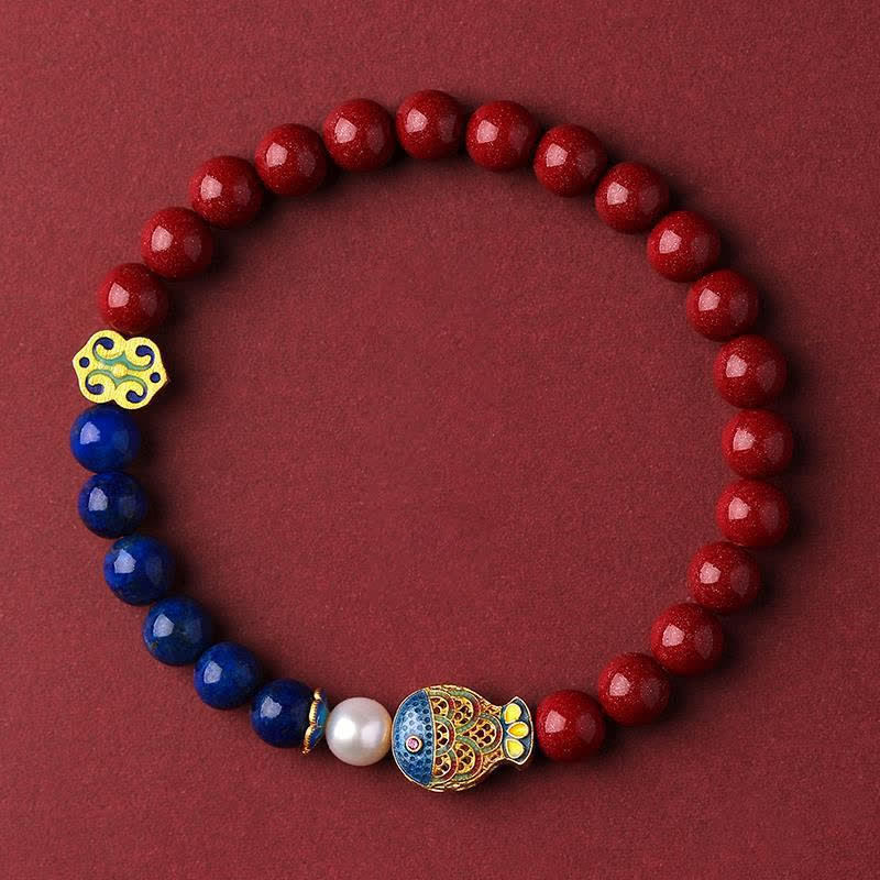 Nimara Ritual Cinnabar Lapis Lazuli Koi Fish Ruyi Cloud Charm Blessing Beaded Bracelet